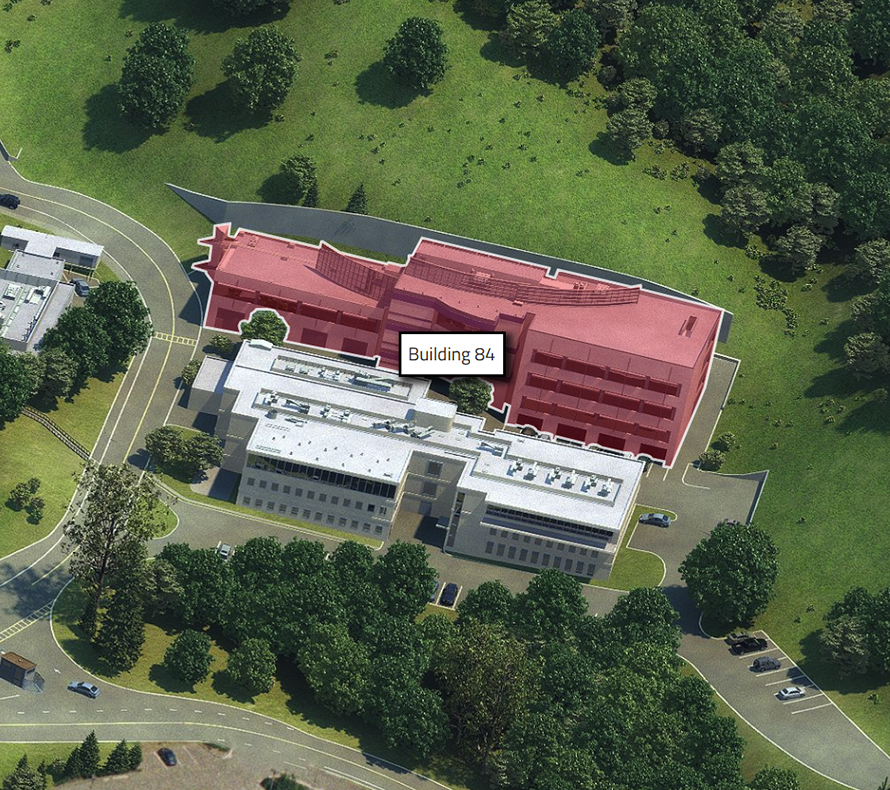 Aerial view of Building 84 and surrounding buildings