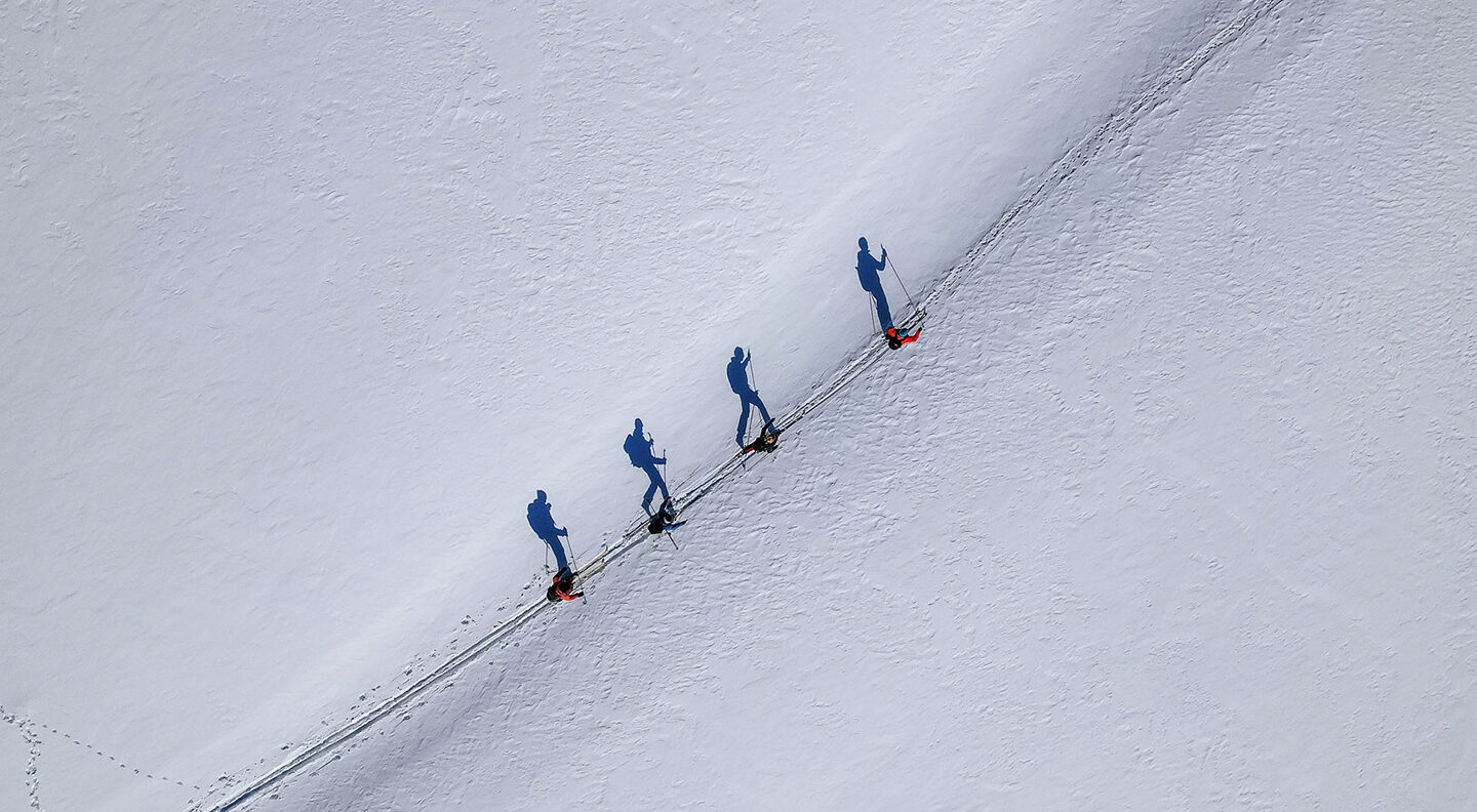 A direct overhead view of four people skiing through a snowy field, their shadows cast beside them in the morning light